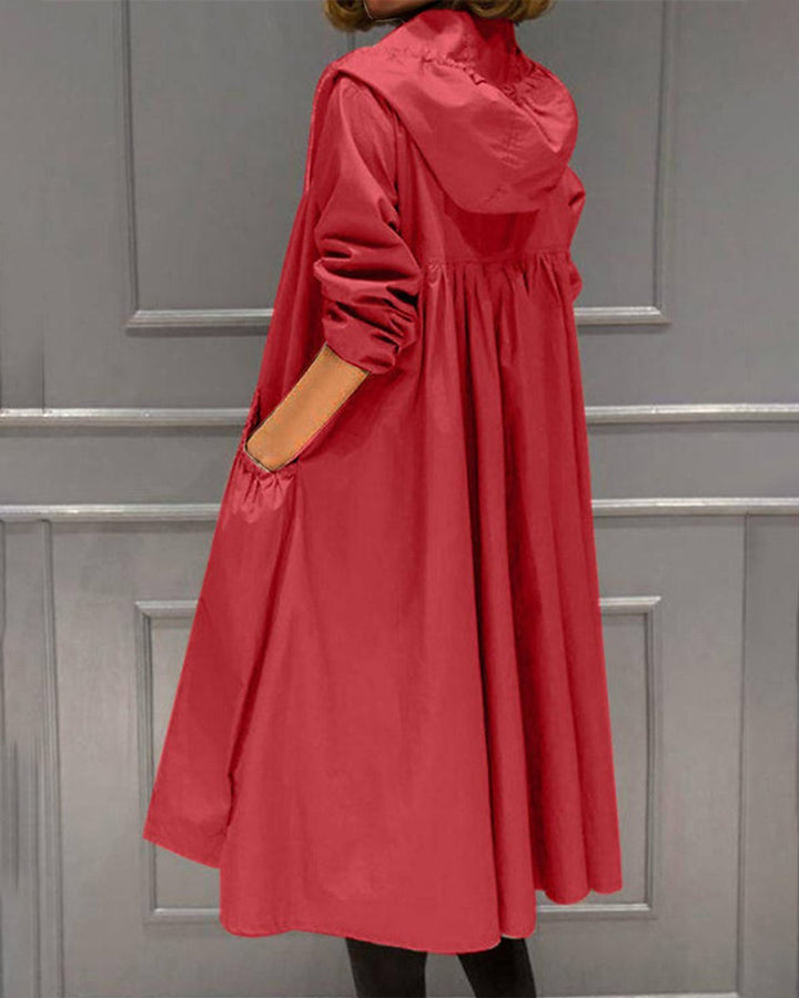 Women's Hooded Waterproof Long A-Line Trench Coat - Red