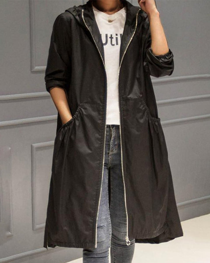 Women's Hooded Waterproof Long A-Line Trench Coat - Black