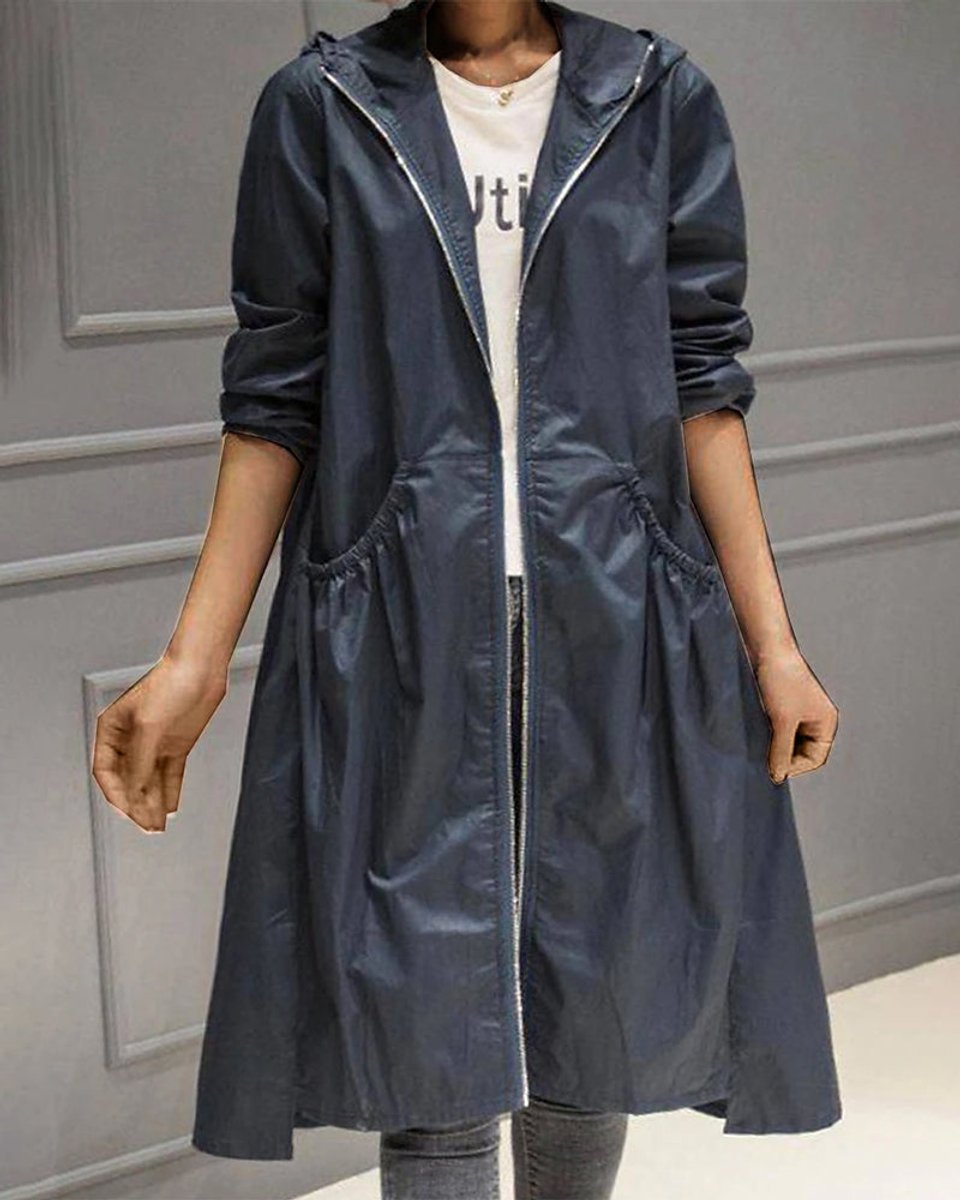 Women's Hooded Waterproof Long A-Line Trench Coat - Navy Blue