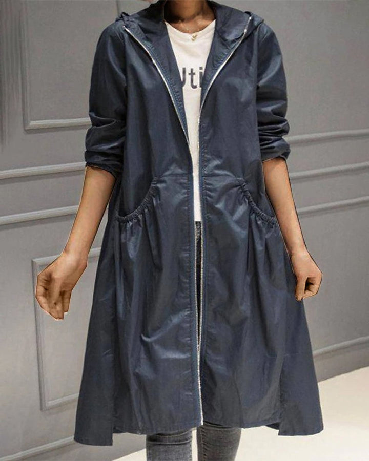 Women's Hooded Waterproof Long A-Line Trench Coat - Navy Blue