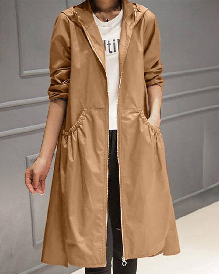 Women's Hooded Waterproof Long A-Line Trench Coat - Brown