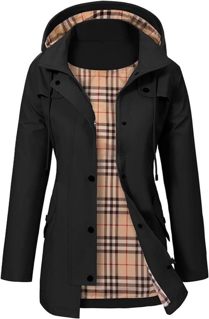 Women's Hooded Waterproof Plaid-Lined Rain Coat - Black