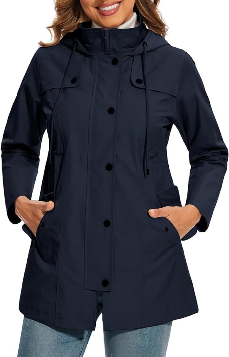 Women's Hooded Waterproof Plaid-Lined Rain Coat
