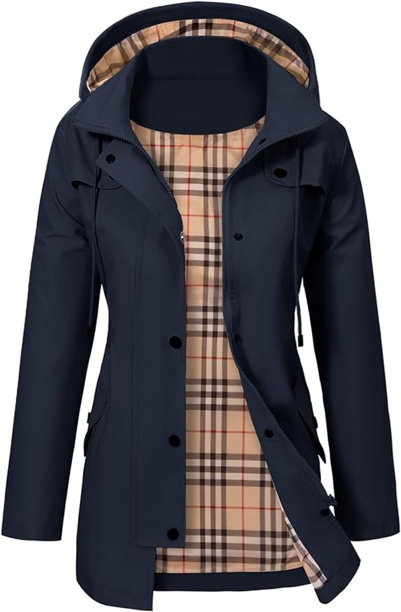 Women's Hooded Waterproof Plaid-Lined Rain Coat - Blue
