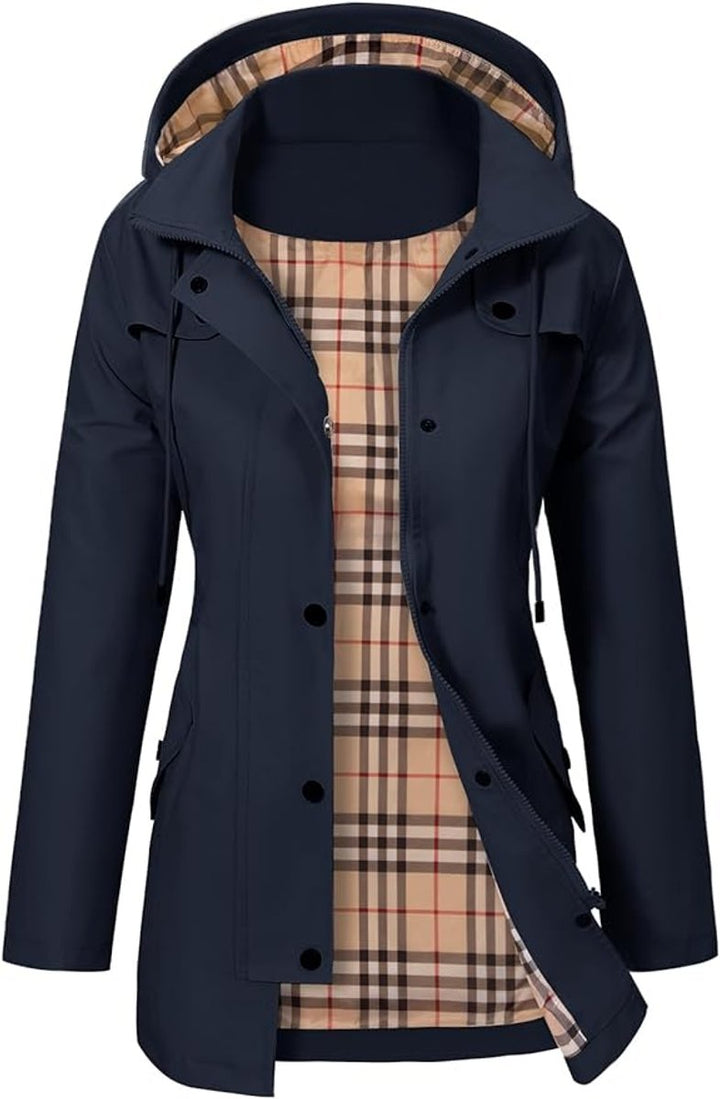 Women's Hooded Waterproof Plaid-Lined Rain Coat - Blue