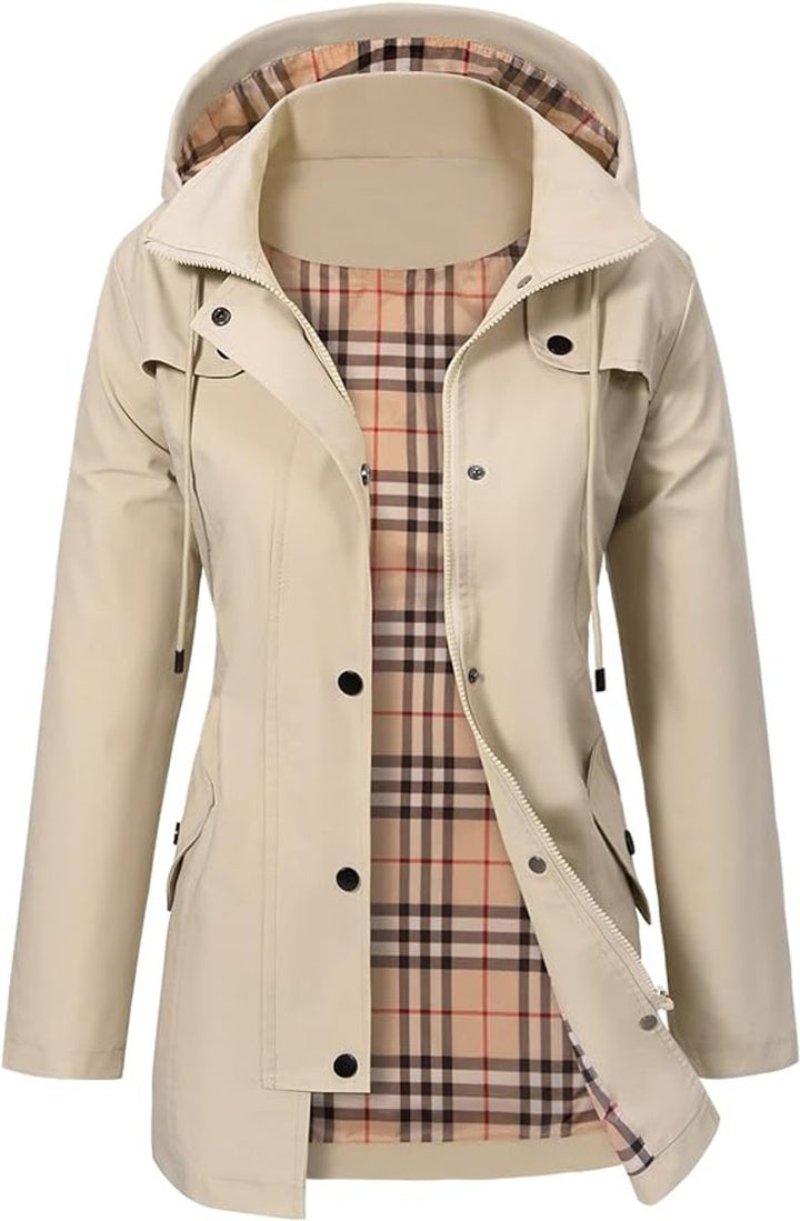 Women's Hooded Waterproof Plaid-Lined Rain Coat - Beige