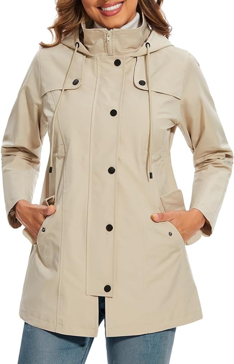 Women's Hooded Waterproof Plaid-Lined Rain Coat