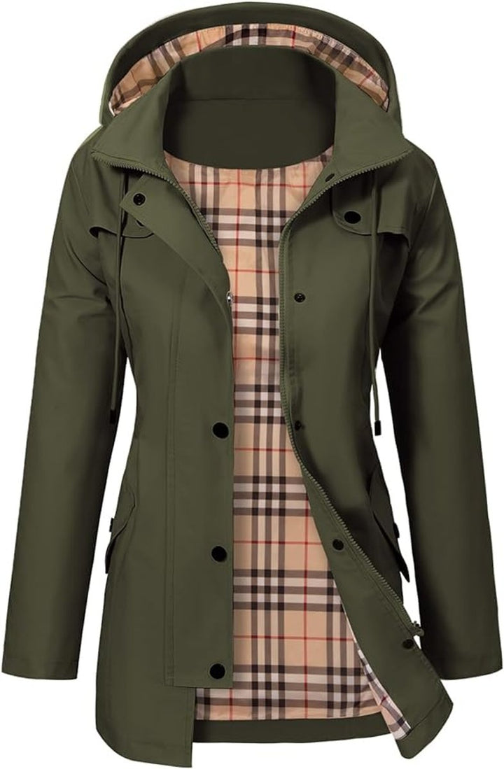 Women's Hooded Waterproof Plaid-Lined Rain Coat - Green