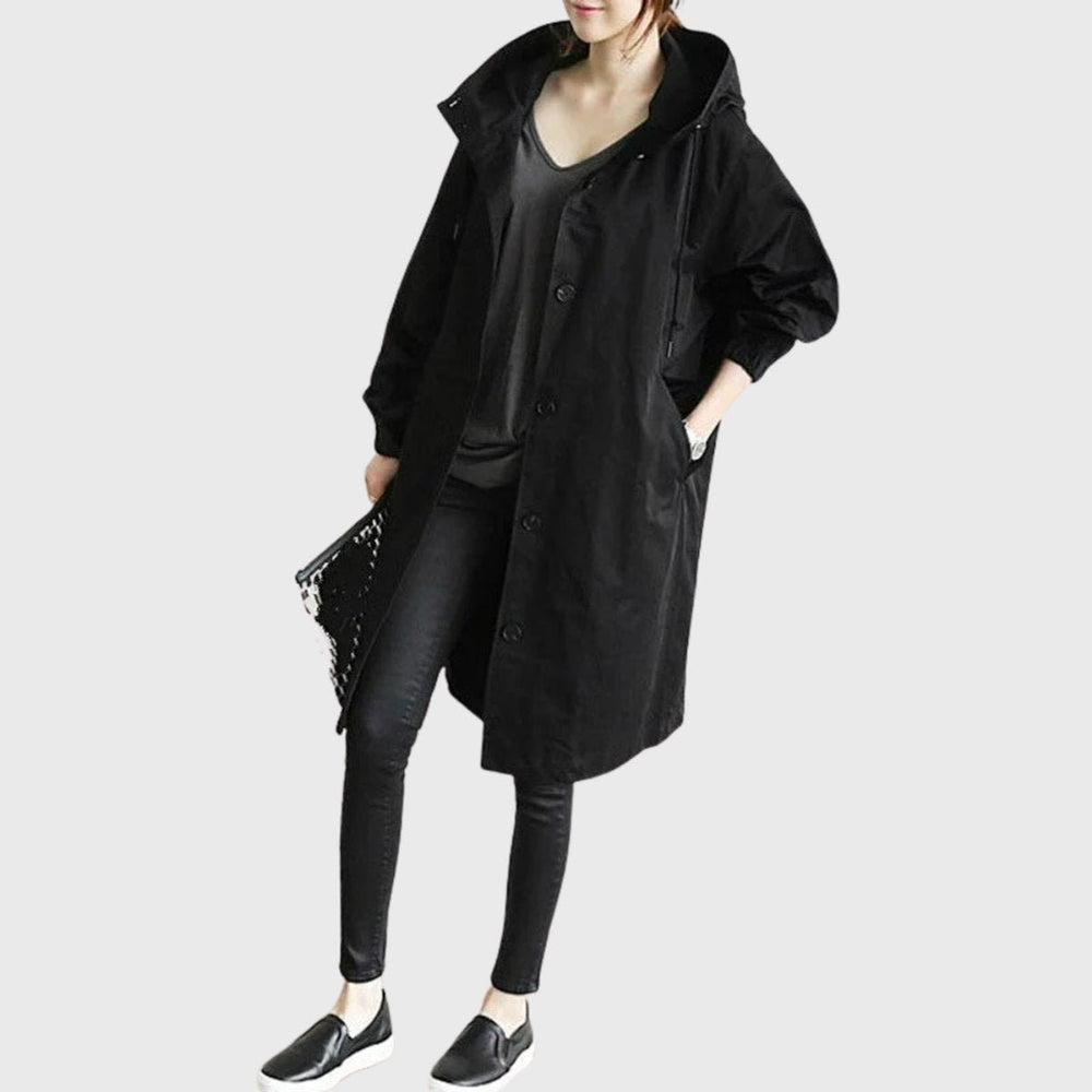 Women's Hooded Waterproof Relaxed-Fit Long Trench Coat - Black