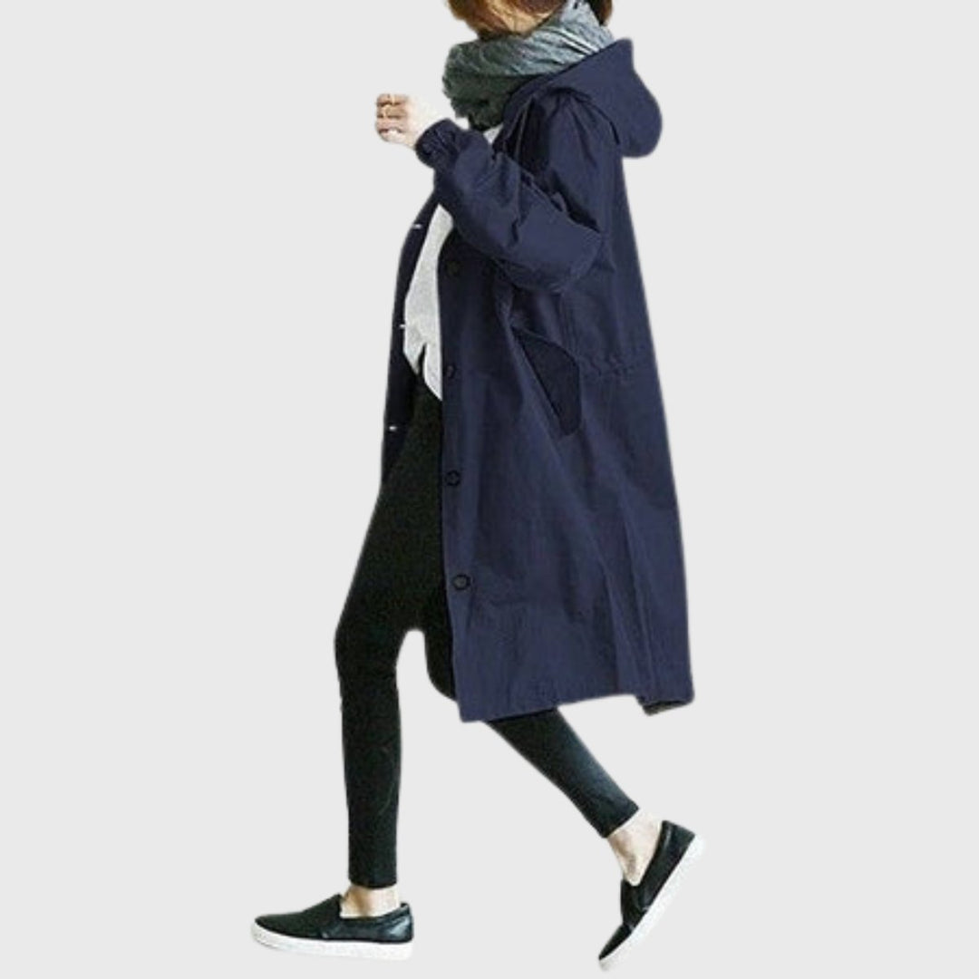 Women's Hooded Waterproof Relaxed-Fit Long Trench Coat - Blue