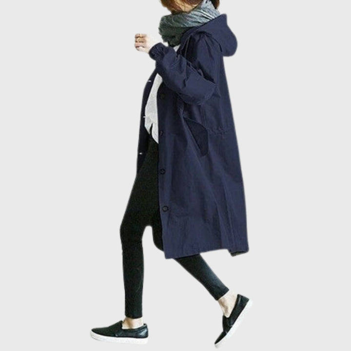 Women's Hooded Waterproof Relaxed-Fit Long Trench Coat - Blue