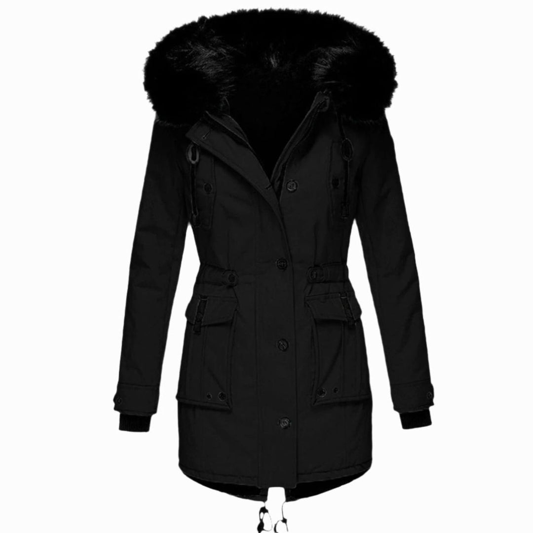 Women's Insulated Faux Fur Hood Drawstring Parka Coat - Black