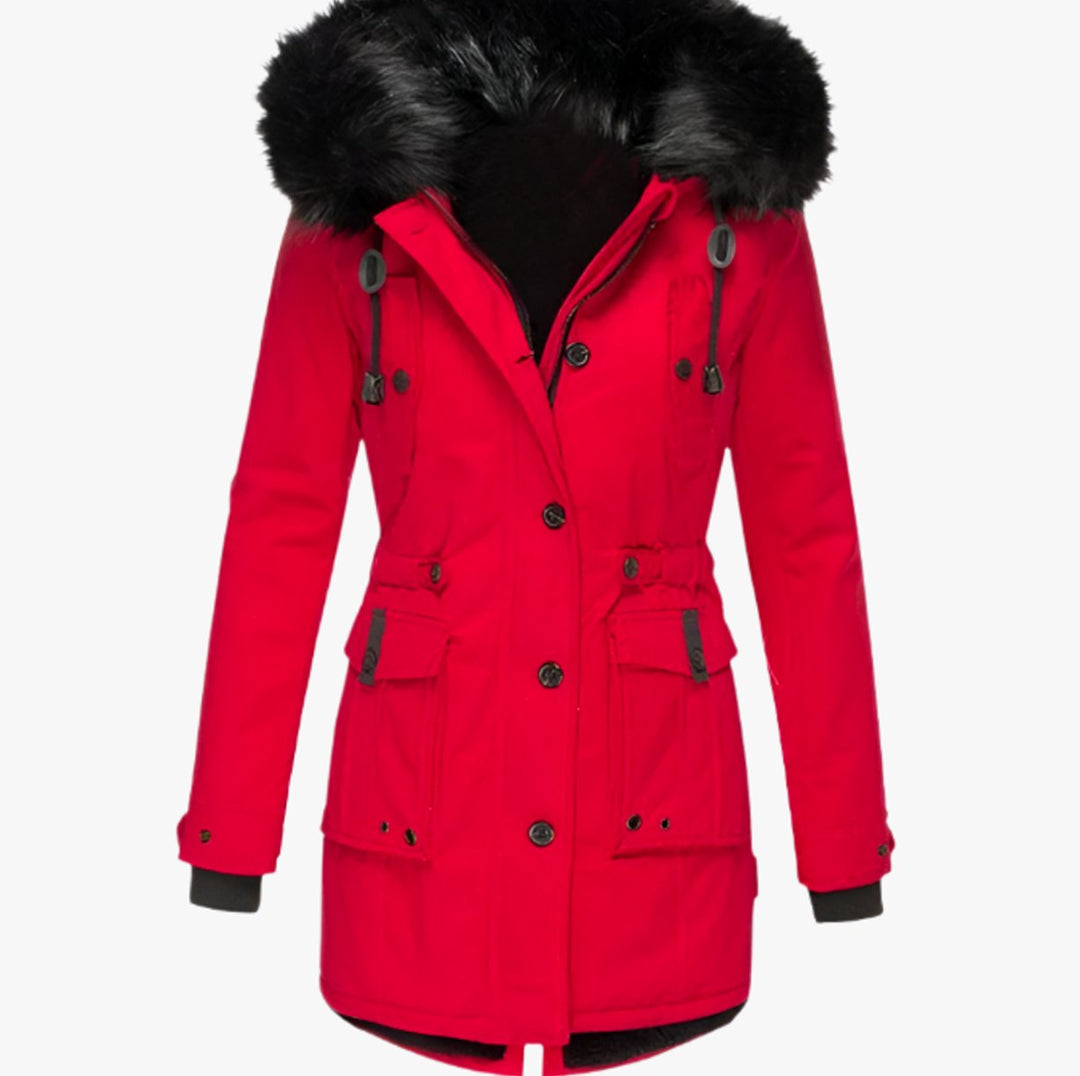 Women's Insulated Faux Fur Hood Drawstring Parka Coat - Red
