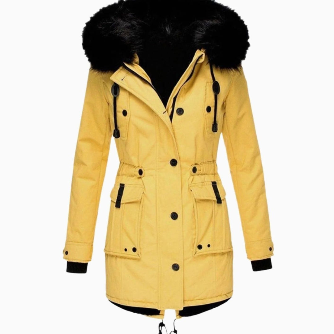 Women's Insulated Faux Fur Hood Drawstring Parka Coat - Yellow