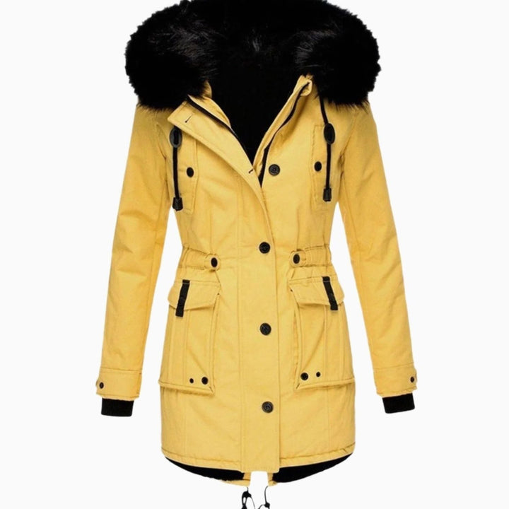 Women's Insulated Faux Fur Hood Drawstring Parka Coat - Yellow