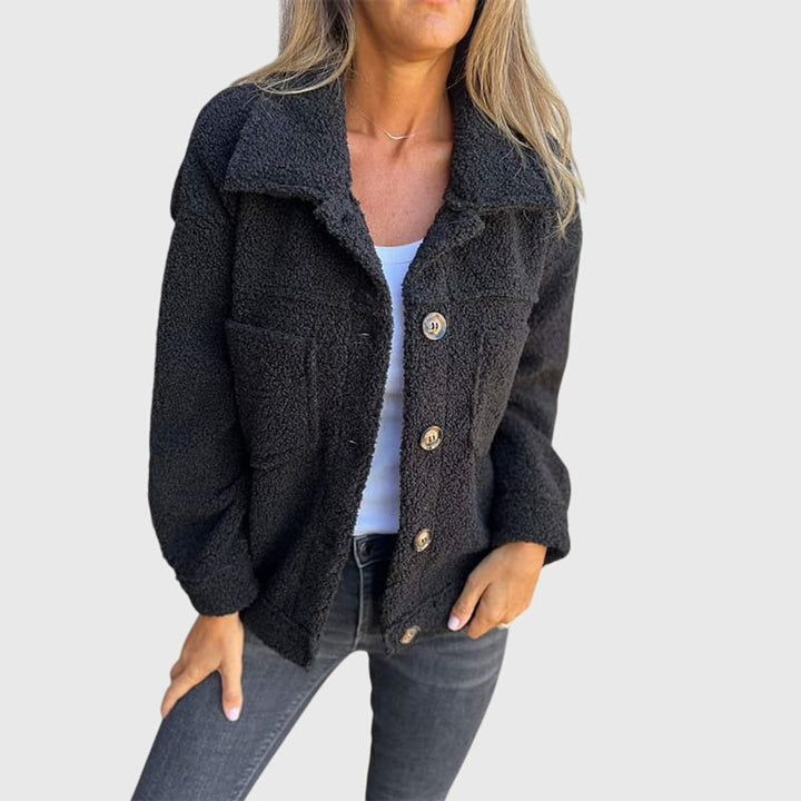 Women's Jacket Fleece Sherpa Button-Front Cozy Coat - Black