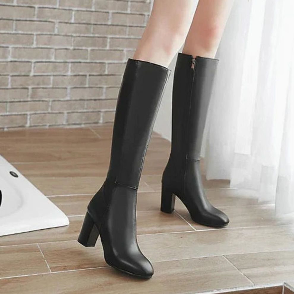 Women's Knee-High Block Heeled Boots Zipper Faux Leather