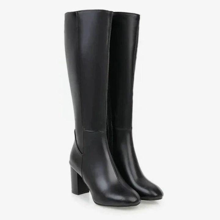 Women's Knee-High Block Heeled Boots Zipper Faux Leather - Black
