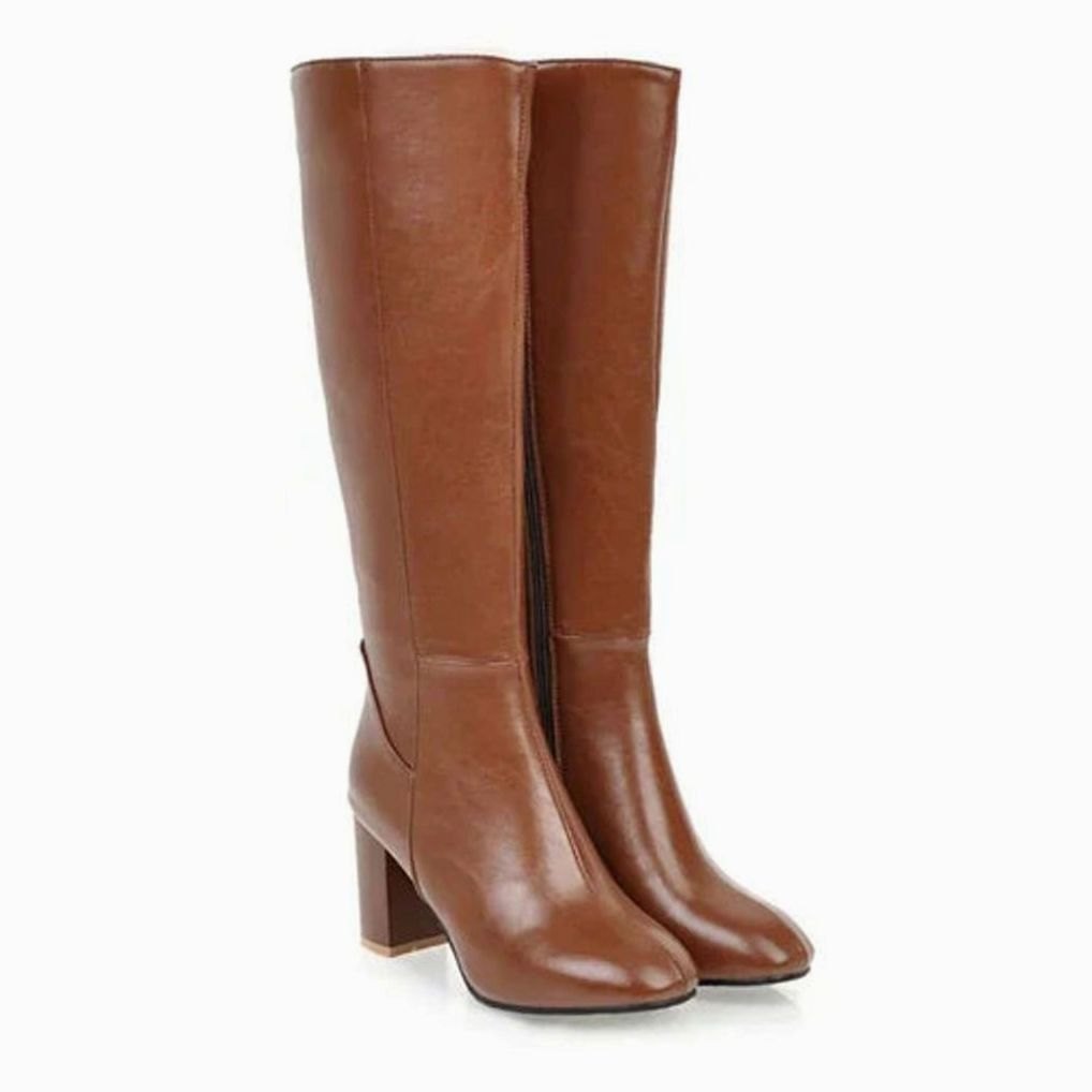 Women's Knee-High Block Heeled Boots Zipper Faux Leather - Brown