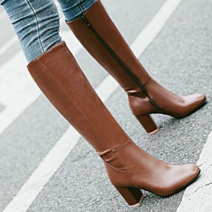 Women's Knee-High Block Heeled Boots Zipper Faux Leather