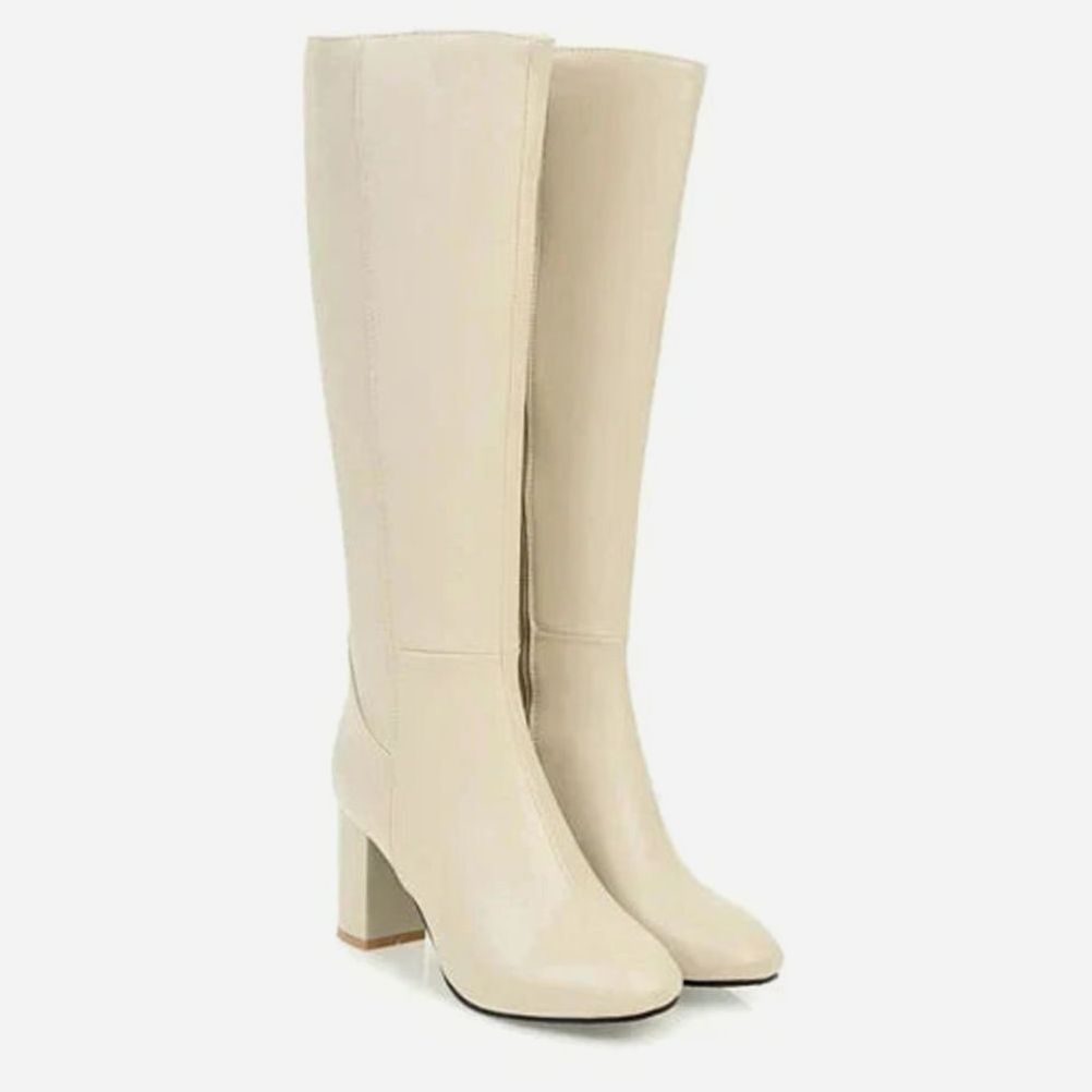 Women's Knee-High Block Heeled Boots Zipper Faux Leather - White