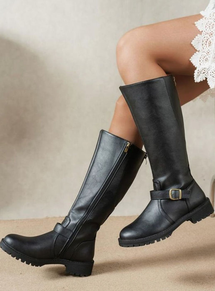 Women's Knee-High Buckle Side-Zip Block-Heel Boots - Black