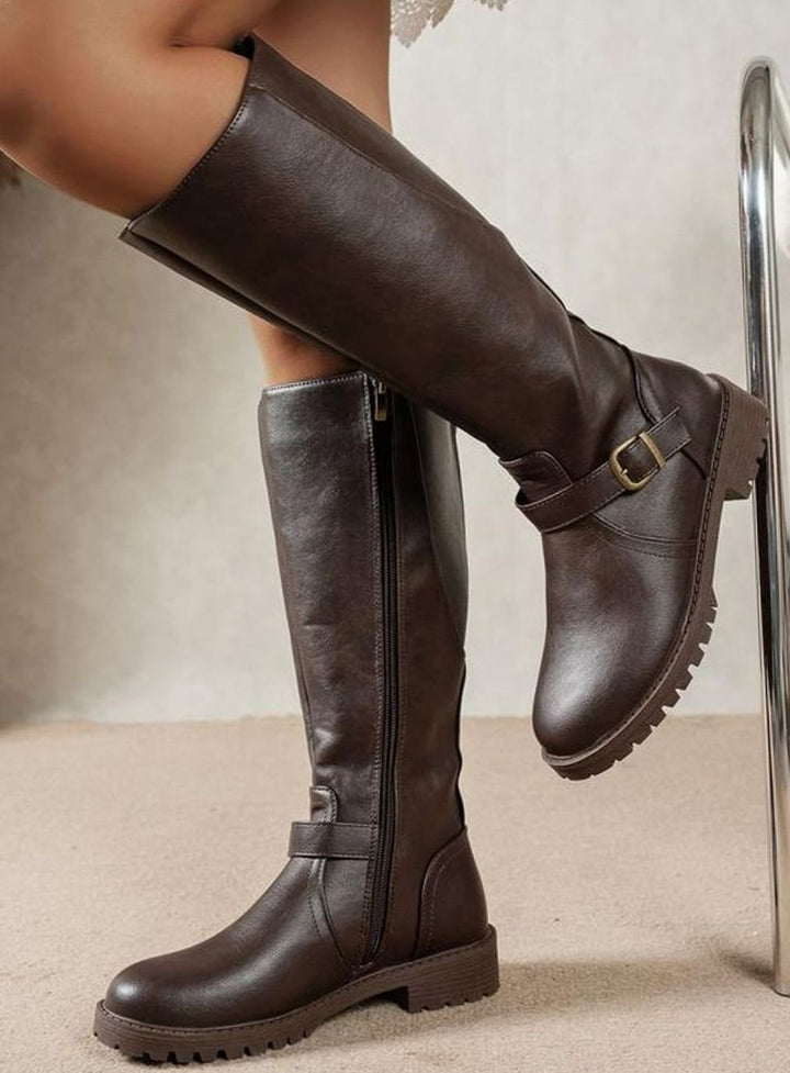 Women's Knee-High Buckle Side-Zip Block-Heel Boots - Dark Brown