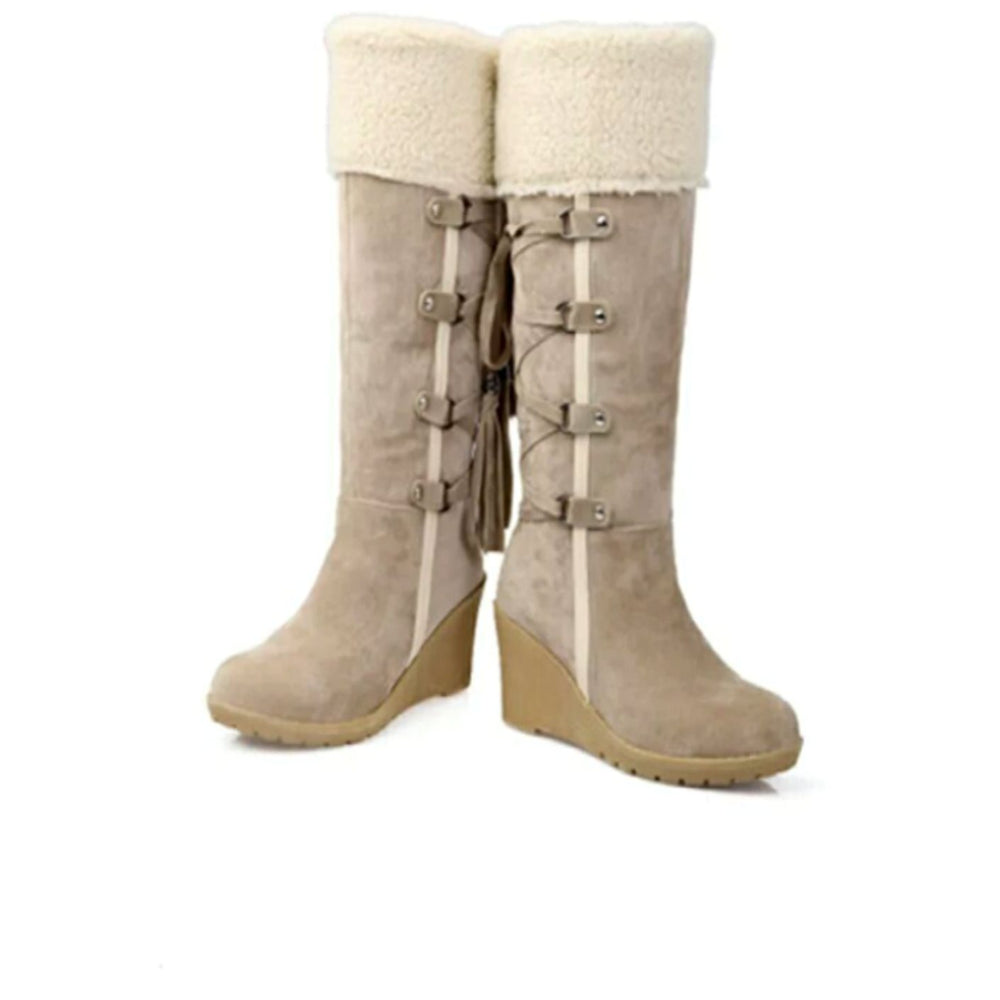 Women's Knee-High Faux-Fur Cuff Wedge Winter Boots Tassel Detail