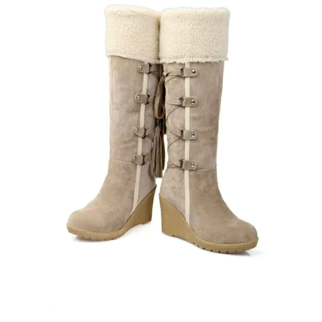 Women's Knee-High Faux-Fur Cuff Wedge Winter Boots Tassel Detail