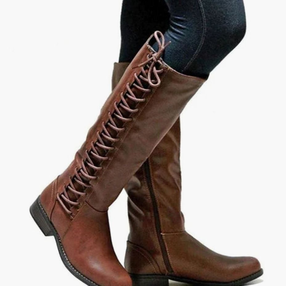 Women's Knee-High Lace-Up Side-Zip Flat Riding High Boots - Dark Brown
