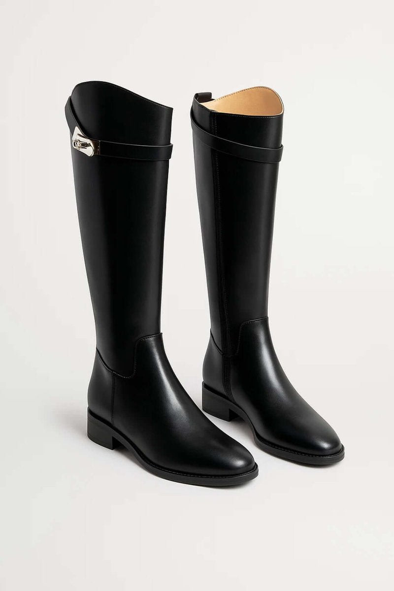 Women's Knee-High Leather Buckle-Strap Riding Ankle Boots - Black