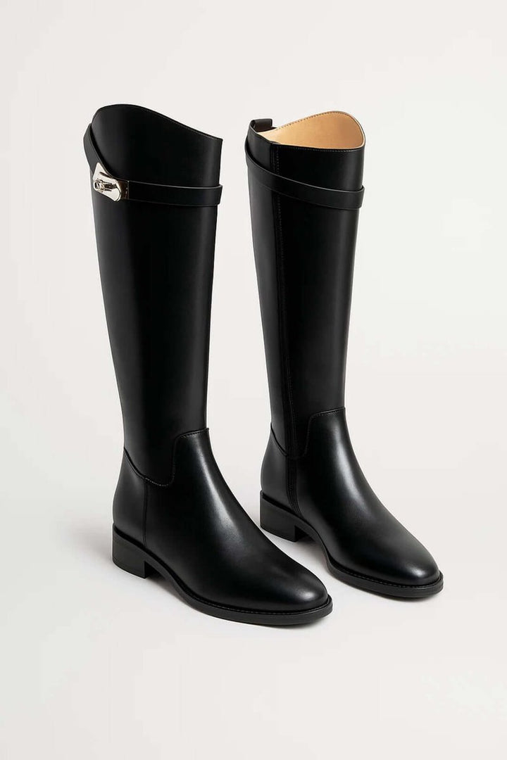 Women's Knee-High Leather Buckle-Strap Riding Ankle Boots - Black