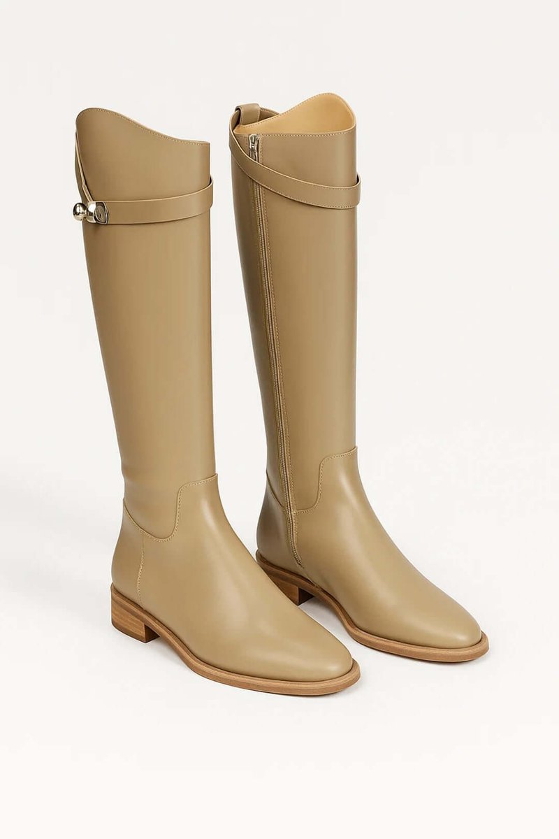 Women's Knee-High Leather Buckle-Strap Riding Ankle Boots - Beige