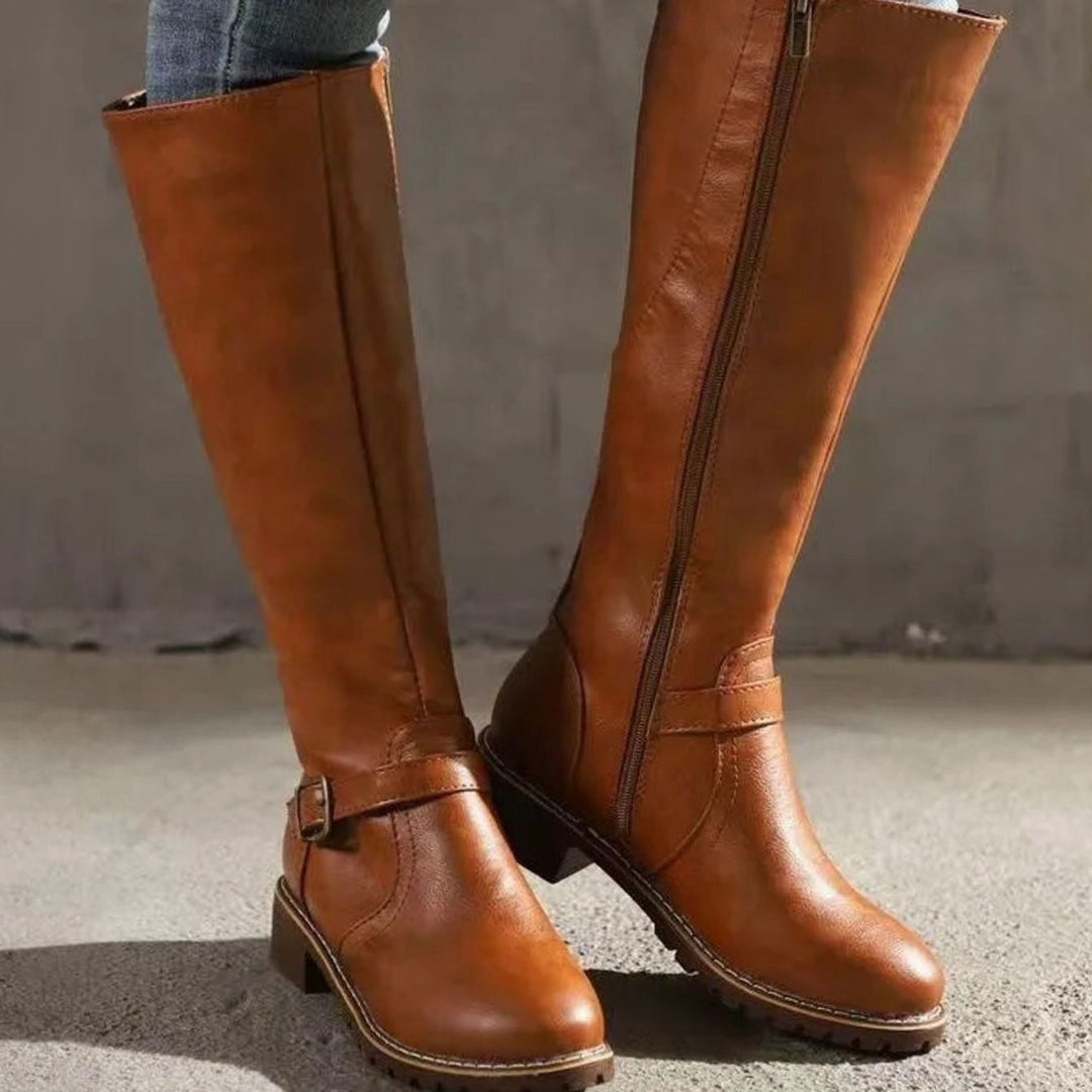 Women's Knee-High Orthopedic Buckle Leather Boots - Light Brown