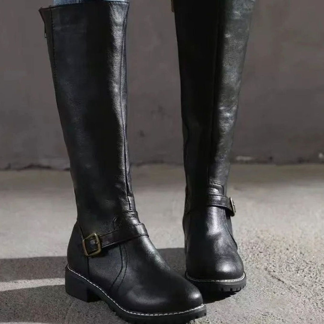 Women's Knee-High Orthopedic Buckle Leather Boots - Black