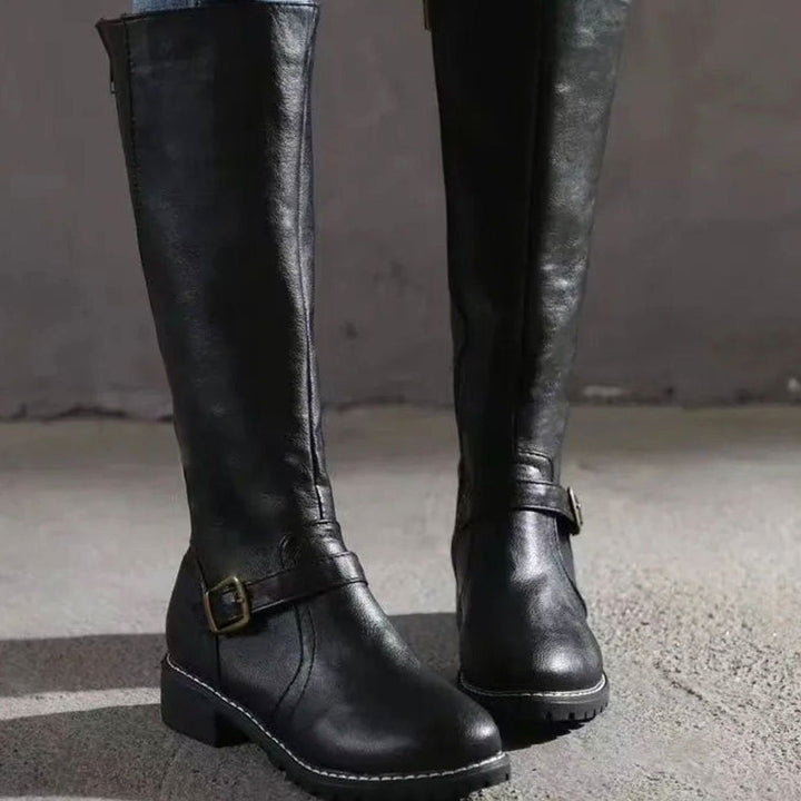 Women's Knee-High Orthopedic Buckle Leather Boots - Black