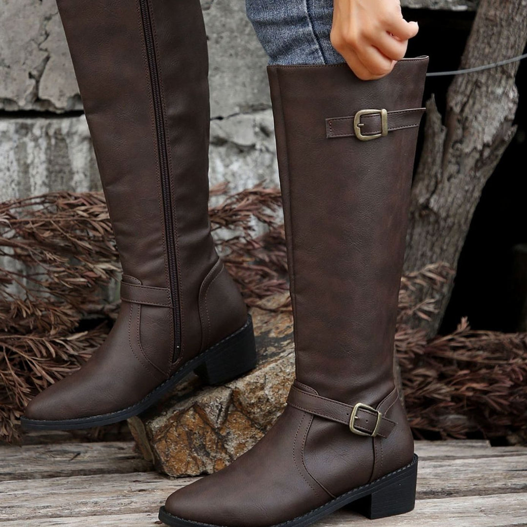 Women's Knee-High Riding Boots Buckle-Detail Side-Zip Low Heel