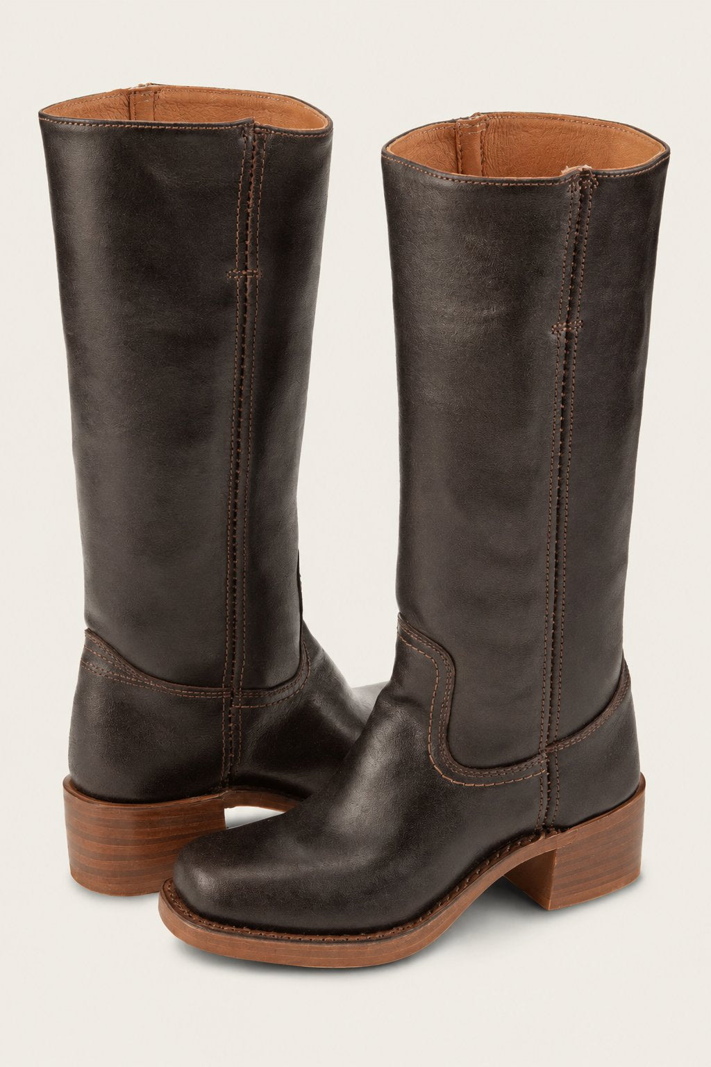 Women's Knee-High Slim-Fit Block-Heel Leather Boots - Brown