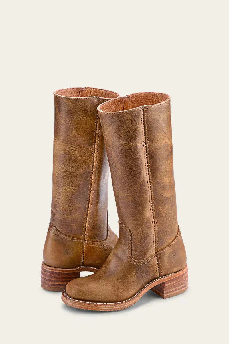 Women's Knee-High Slim-Fit Block-Heel Leather Boots - Khaki