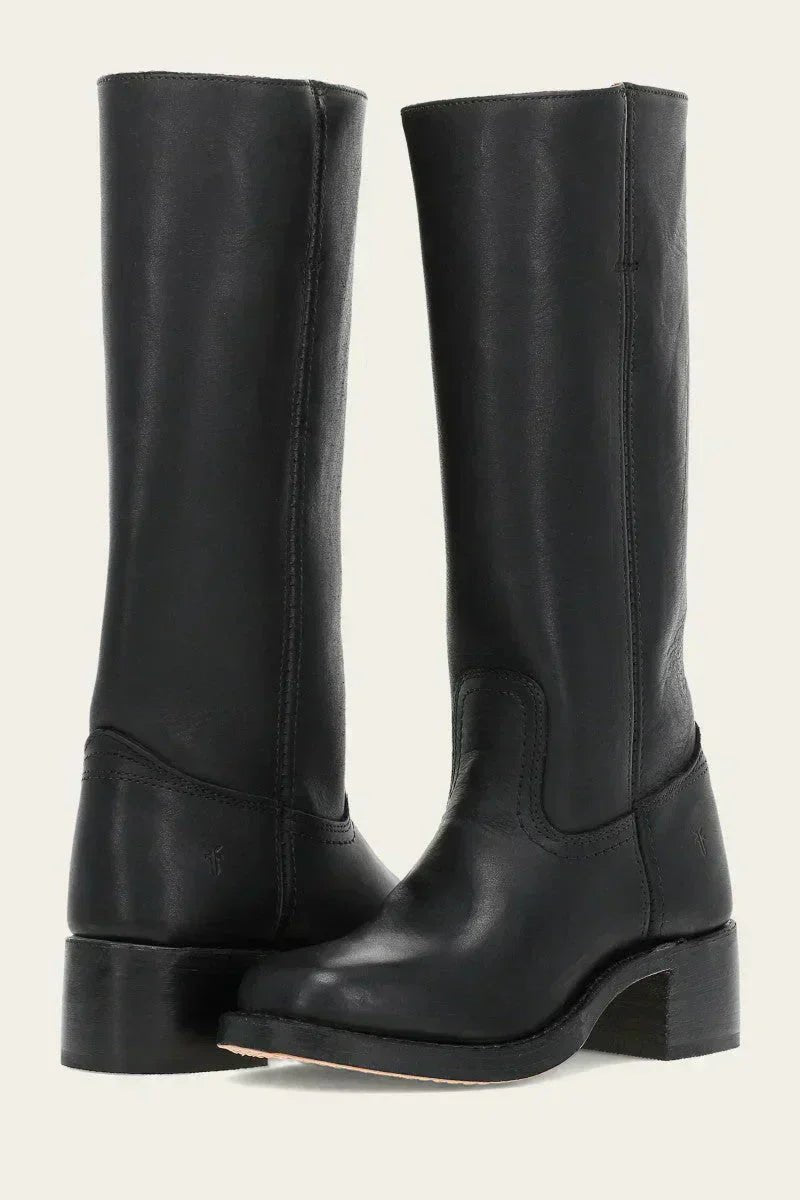 Women's Knee-High Slim-Fit Block-Heel Leather Boots - Black