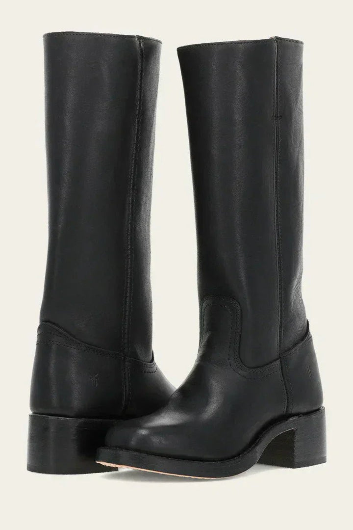 Women's Knee-High Slim-Fit Block-Heel Leather Boots - Black