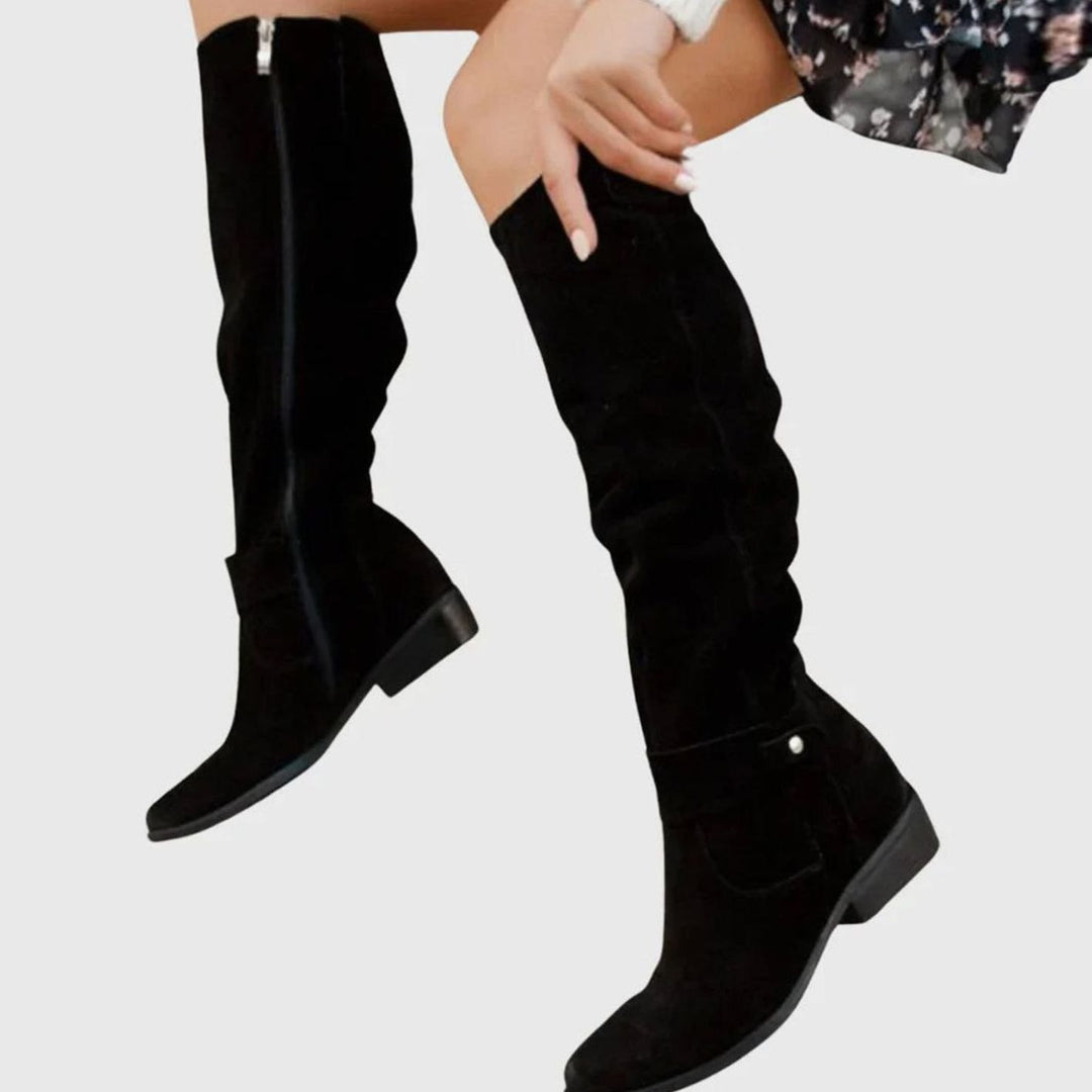Women's Knee-High Slouchy Suede Block-Heel Boots - Black
