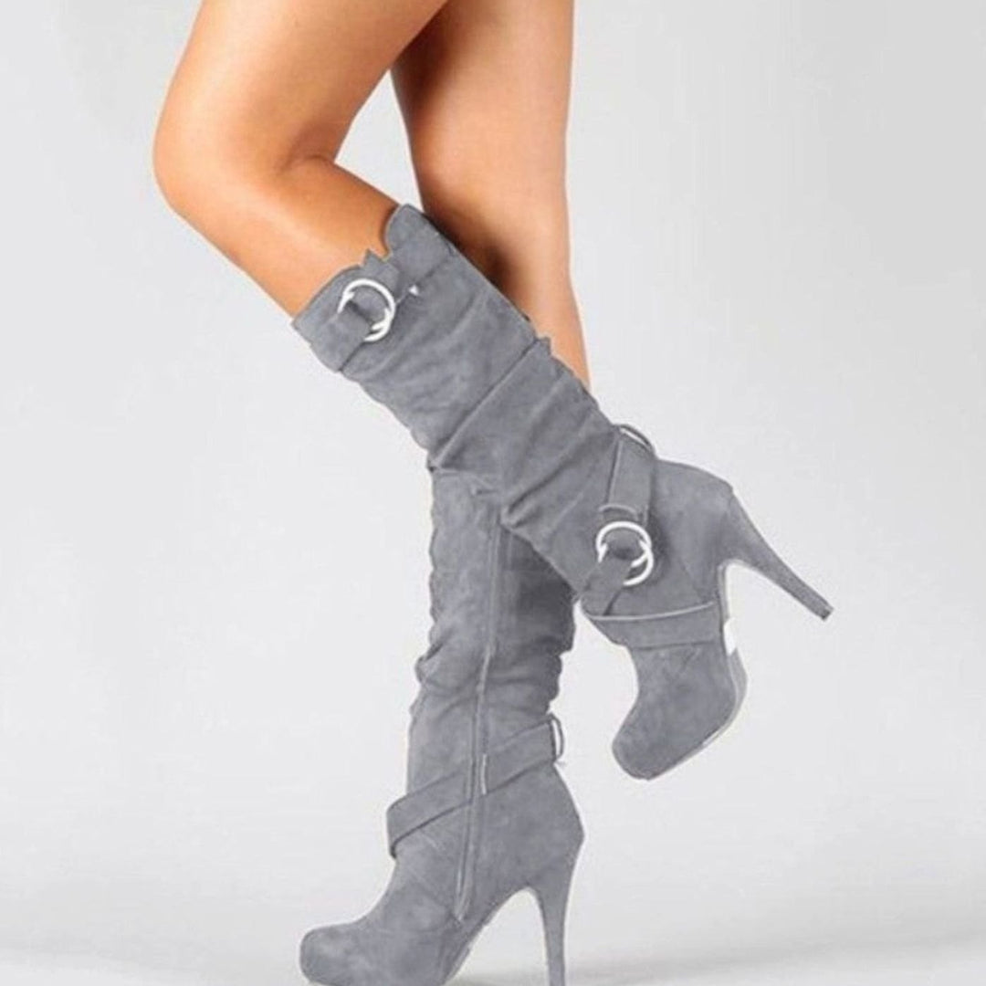 Women's Knee-High Stiletto Heel Boots Buckle Strap Suede - Grey