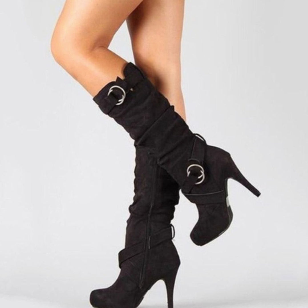 Women's Knee-High Stiletto Heel Boots Buckle Strap Suede - Black