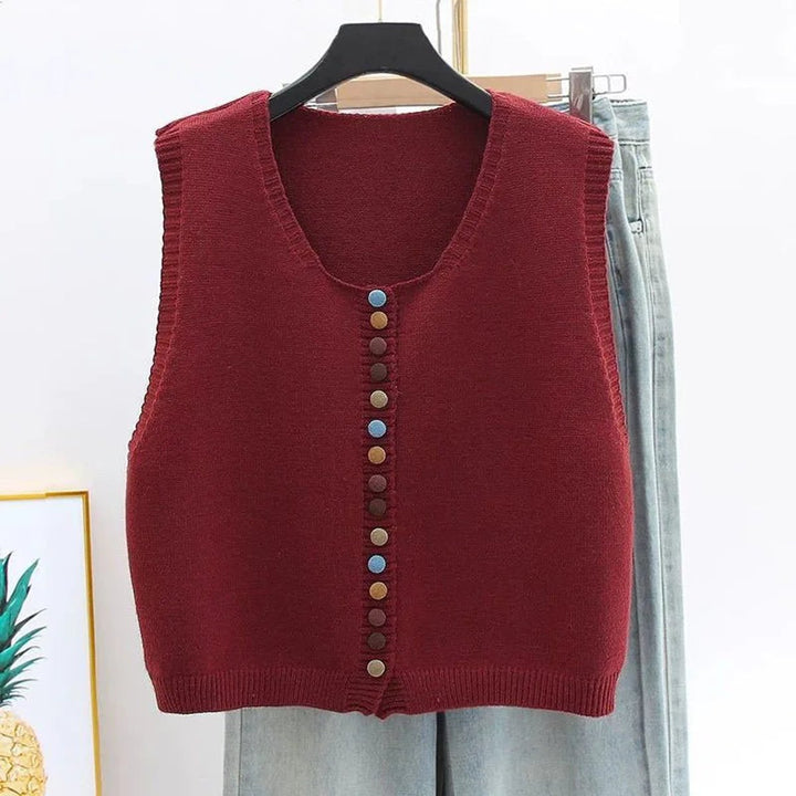 Women's Knit Button-Front Sleeveless Sweater Vest Colorful Buttons - Burgundy