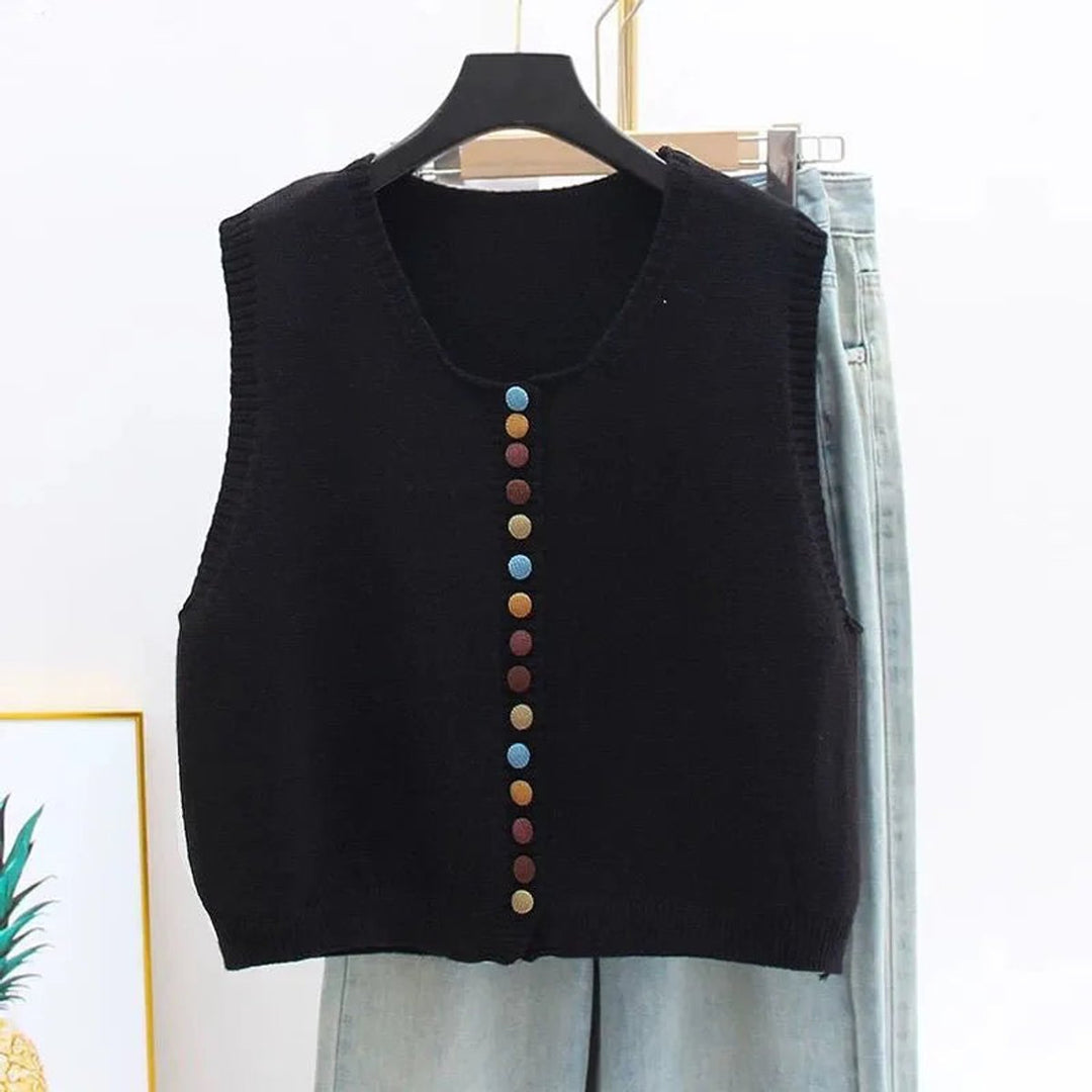 Women's Knit Button-Front Sleeveless Sweater Vest Colorful Buttons - Black