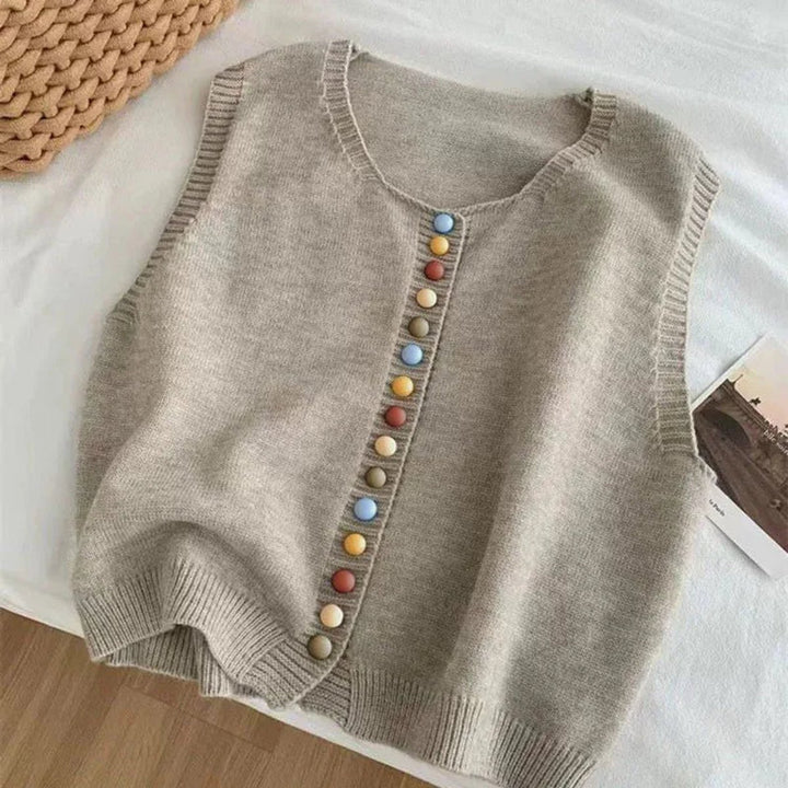 Women's Knit Button-Front Sleeveless Sweater Vest Colorful Buttons - Apricot