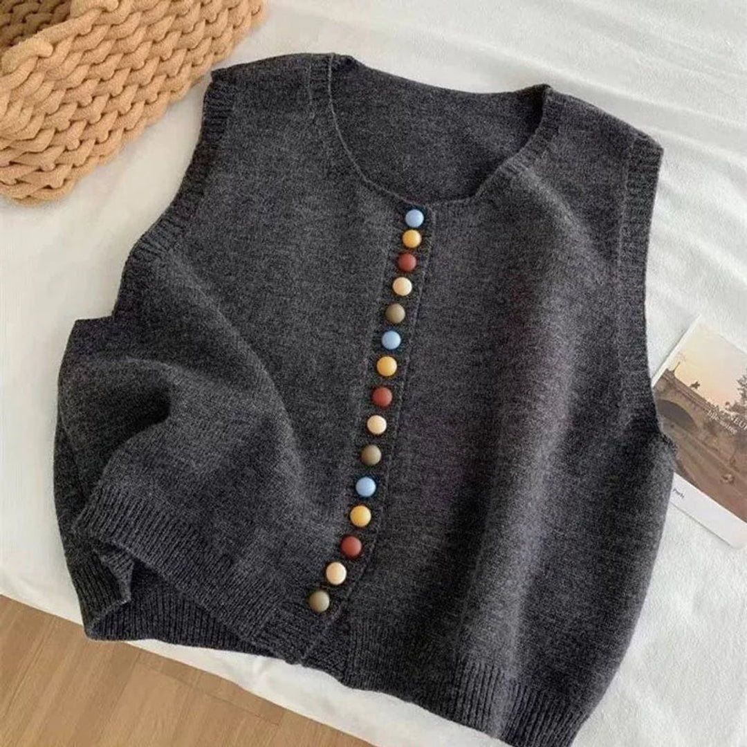 Women's Knit Button-Front Sleeveless Sweater Vest Colorful Buttons - Gray