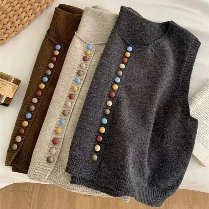 Women's Knit Button-Front Sleeveless Sweater Vest Colorful Buttons