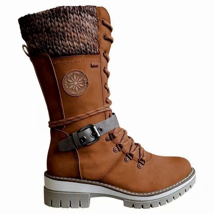 Women's Knit-Cuff Lace-Up Side-Zip Mid-Calf Winter Boots - Brown